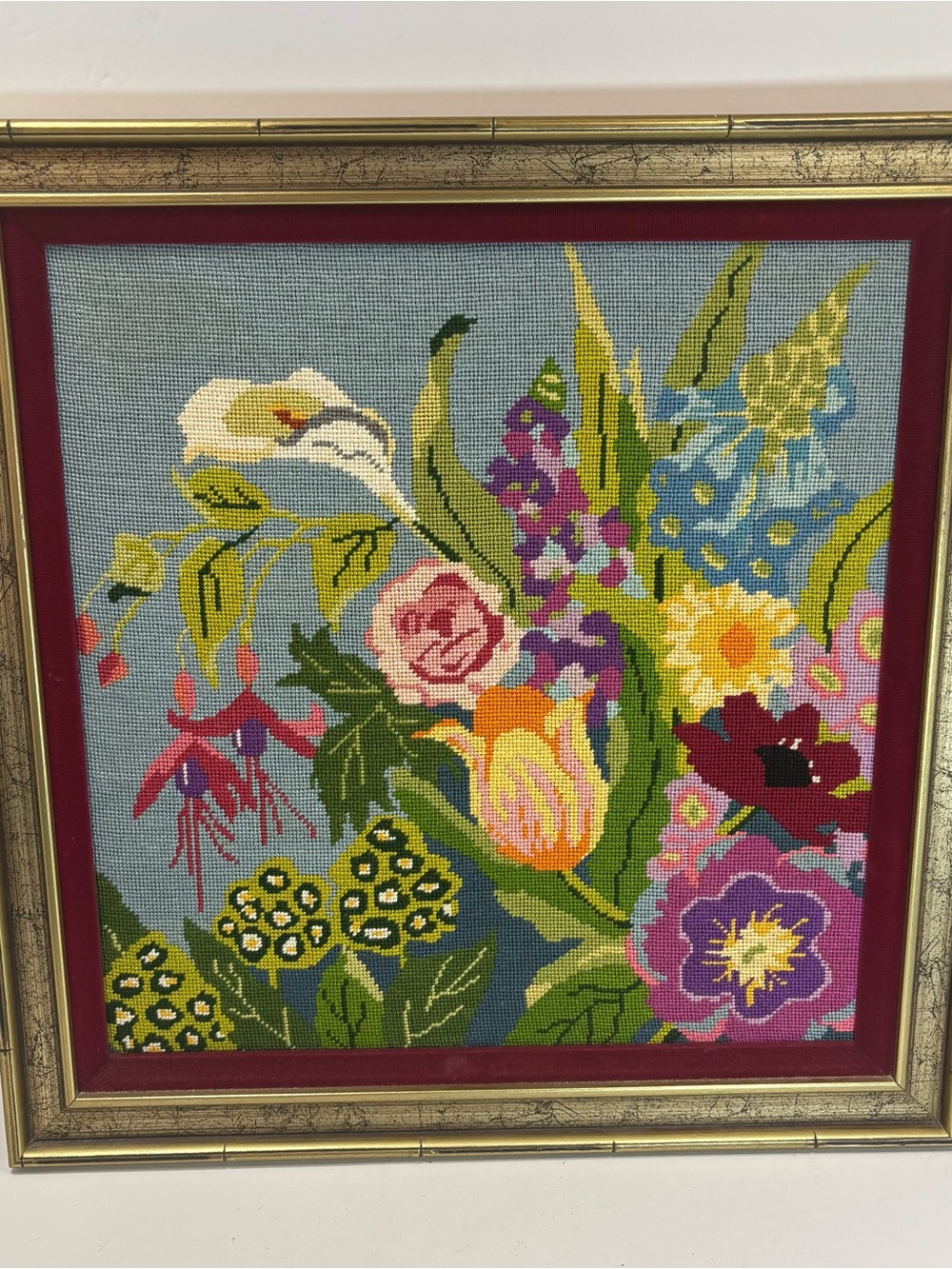 Vtg Bright Floral Framed Needlepoint Wall Art- Large Bouquet Roses Tulips Boho